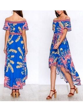 Flying Tomato Royal Blue Floral High Low Ruffle Off Shoulder Dress Medium M